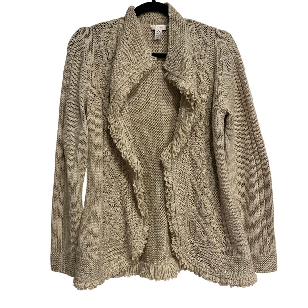 Chico's Sweater‎ Open Front Cardigan Cable Knit Light Beige Wool Blend Small